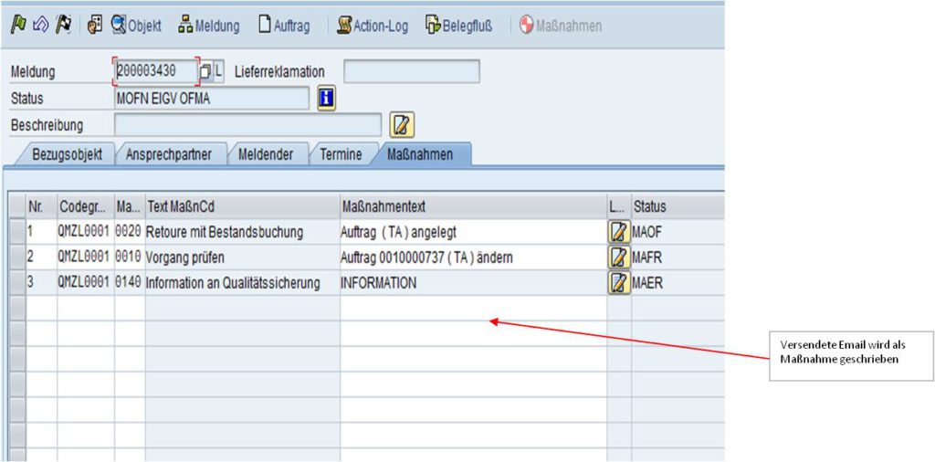 SAP Reklamationsabwicklung - versendete Email wird als Maßnahme geschrieben